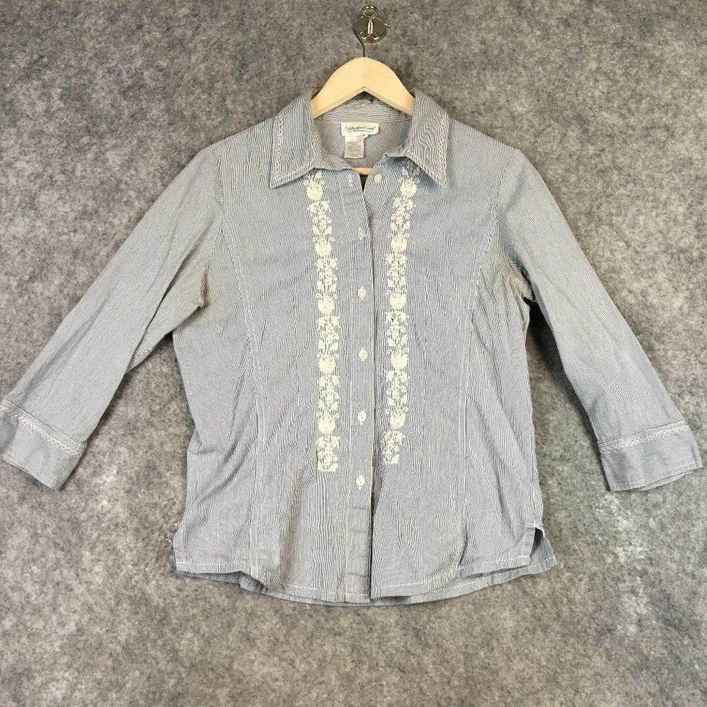 Coldwater Creek Top S Cottage Floral Embroidered 100 Cotton Button Up 3/4 Sleeve